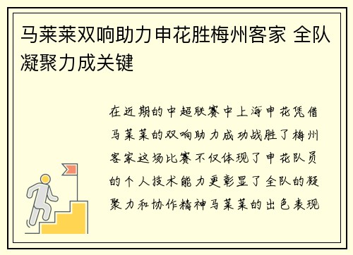 马莱莱双响助力申花胜梅州客家 全队凝聚力成关键 马莱莱双响助力申花胜梅州客家 全队凝聚力成关键