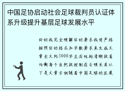 中国足协启动社会足球裁判员认证体系升级提升基层足球发展水平 中国足协启动社会足球裁判员认证体系升级提升基层足球发展水平